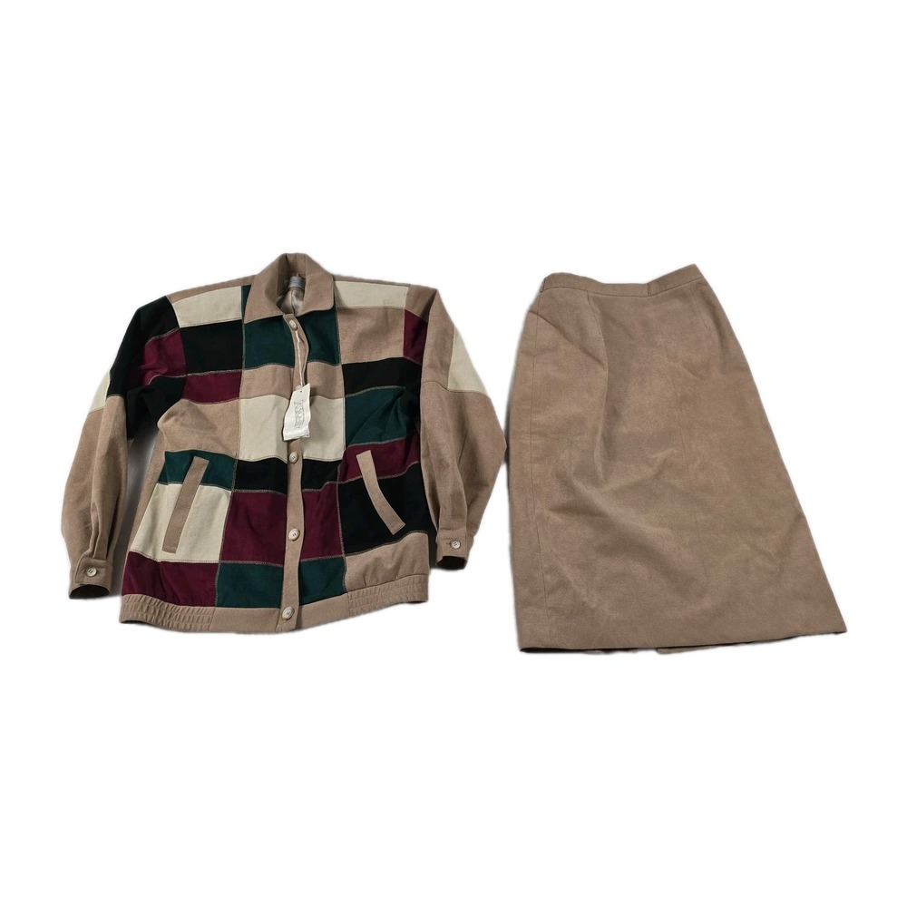 Vintage Patchwork Suede Jacket Skirt Outfit Set Women's Medium (10) Jessica Gray